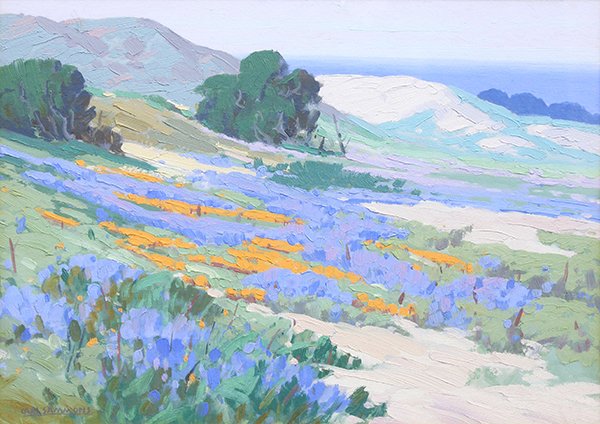 Painting, Carl Sammons: Carl Sammons (American, 1883-1968), "Wildflowers, Carmel Coast," oil on paper, signed lower left, title label affixed verso, sight: 10.75"h x 14.5"w, overall (with frame): 19.25"h x 23.5"w