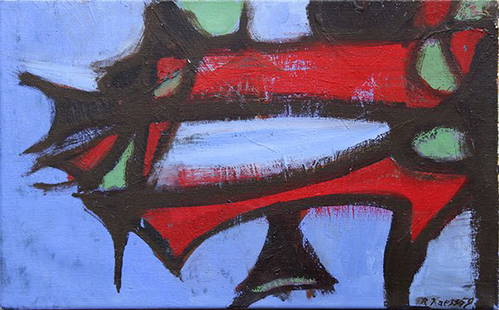 Painting, Robert Kaess: Robert Kaess (American, 1923-1991), Untitled Abstract, 1959, oil on canvas, signed and dated lower right, canvas (unframed): 15"h x 24"w