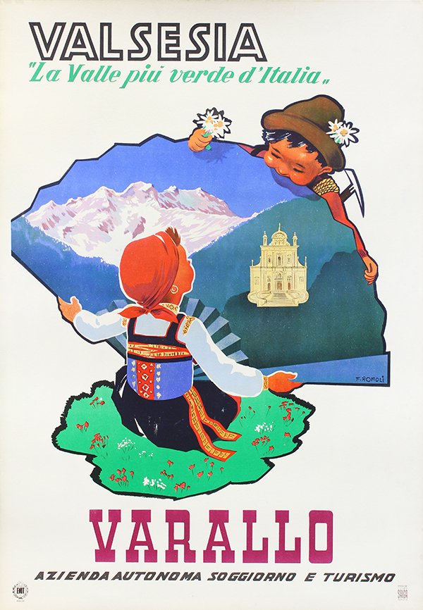 Vintage Travel Poster, Filippo Romoli, Valsesia Varallo: Filippo Romoli (Italian, 1901-1969), "Valsesia... Varallo..." 1958, vintage lithographic travel poster in colors on linen, printed by Saiga (Genova, Italy), poster: 39"h x 27"w, overall (with linen):