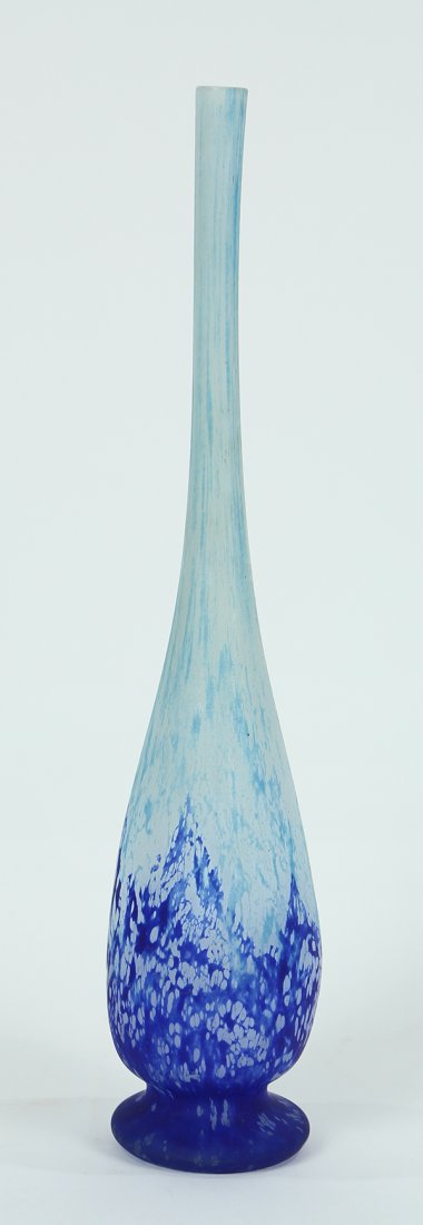 Daum Nancy baluster form art glass vase, with elongated: Daum Nancy baluster form art glass vase, with elongated neck, having stylized blue surf on a semi-transparent white ground and signed on lower base, 17.5"h