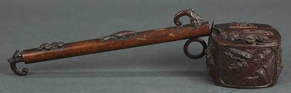 Japanese Portable Brush Holder/Yatate: Japanese yatate (portable brush holder), late Edo period, with a molded crane on the lid, birds on the ink box exterior, carp on the handle and ending with a zoomorphic hook, 14.25"l