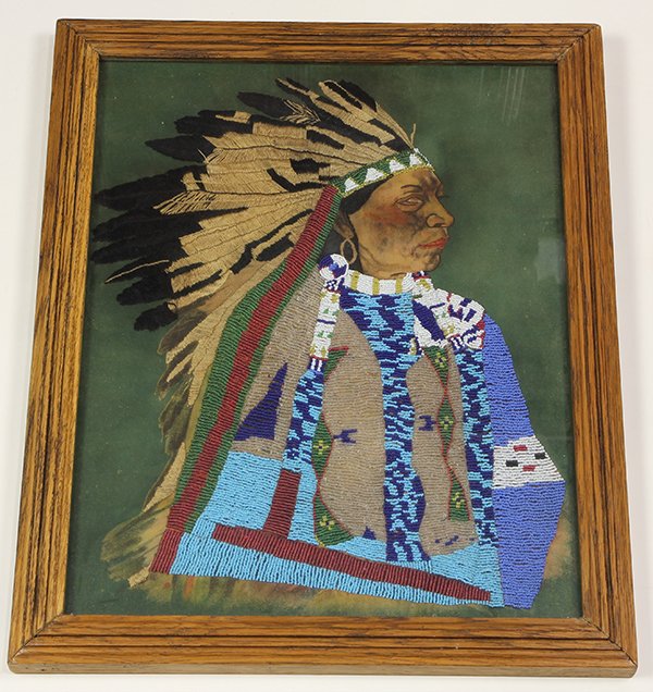 American Indian framed embroidered and beaded portrait, (1 of 2)