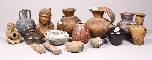 One shelf of Pre-Columbian style pottery, including (1 of 8)