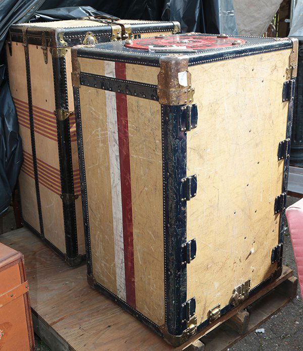 (lot of 2) Luggage group consisting of two hardshell: (lot of 2) Luggage group consisting of two hardshell trunks, each with a polychrome decorated case, including a Panther trunk and an Oshkosh trunk, larger: 26"h x 40"w x 22"d; Provenance: Property fro