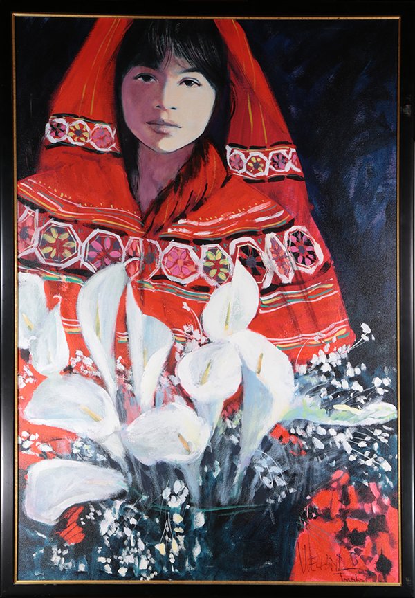 Painting, Girl Holding Lillies: American School (20th century), Girl Holding Lillies, oil on canvas, signed indistinctly "Welland Tovabai" lower right, overall (with frame): 46"h x 31.5"w