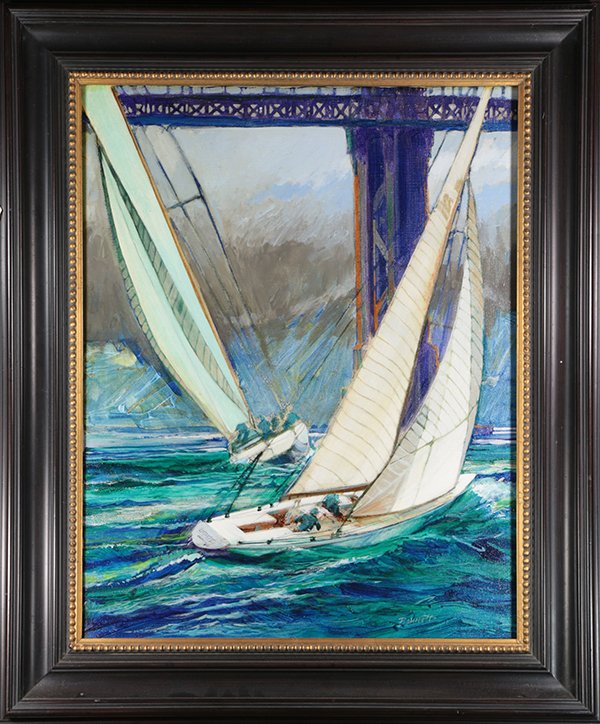 Sailboats Racing Under the Bridge, oil on canvas, (1 of 1)