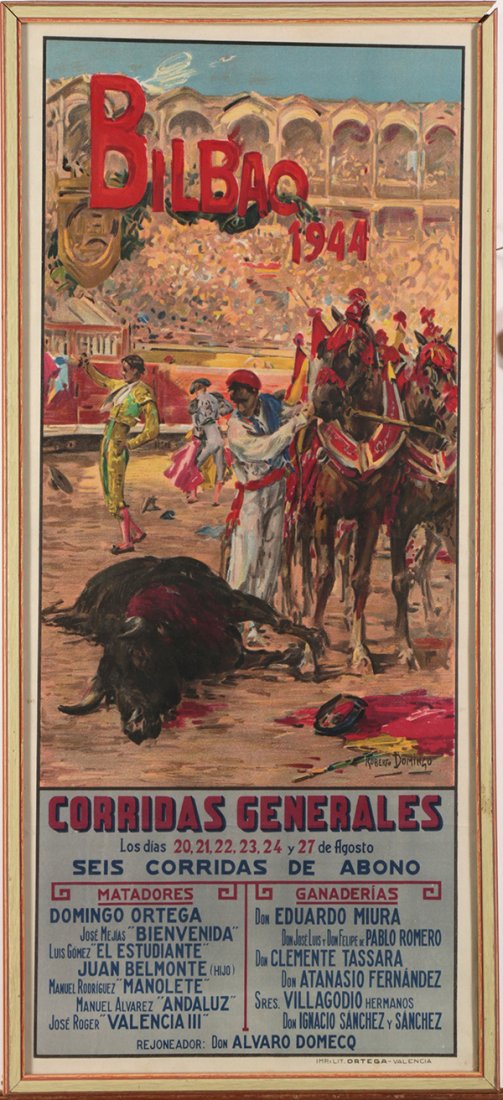 Print, Roberto Domingo Fallola, Bilbao 1944: Roberto Domingo Fallola (Spanish, 1883-1956), "Bilbao 1944," vintage lithographic advertising poster in colors, plate signed lower right, printed by Ortega (Valencia, Spain), overall (framed): 19.5"h 