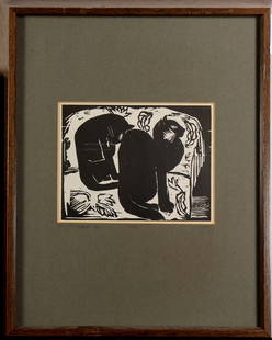 Print, Karl Schmidt-Rottluff, Cats: Karl Schmidt-Rottluff (German, 1884-1976), Cats, woodcut, artist identified on matting, overall (with frame): 15.5"h x 12"w