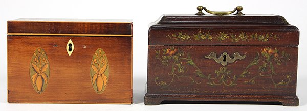 (lot of 2) George III inlaid tea caddy, the lid having (1 of 6)