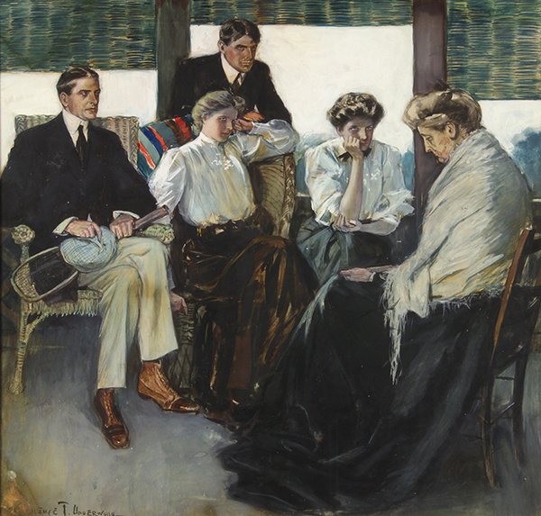 Watercolor, Clarence F. Underwood: Clarence F. Underwood (American, 1871-1929), Figures on a Porch, gouache on paper, signed lower left, sight: 19.5"h x 20.5"w, overall: 22.5"h x 23.5"w