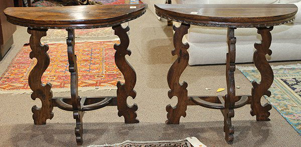 Pair of Italian Baroque style walnut demi-lune console (1 of 3)