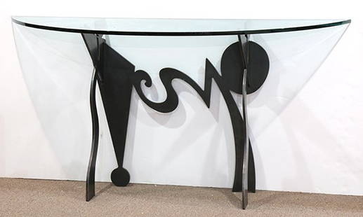 Pucci De Rossi: Pucci De Rossi, France, glass and patinated steel console table, having a demi-lune plate glass top, above a stylized geometric decorated base, base signed Pucci De Rossi, and stamped, "H. Dolin Stuar