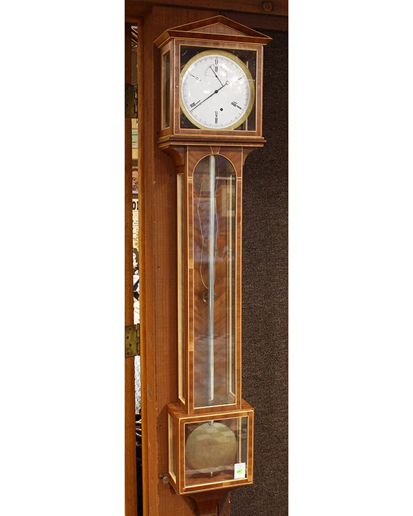 Mahogany inlaid one year Laterndluhr wall regulator: Mahogany inlaid one year Laterndluhr wall regulator clock, having an 8" porcelain dial surmounting the large single weight that drops 2mm, per day, and having a Graham deadbeat escapement, overall: 51