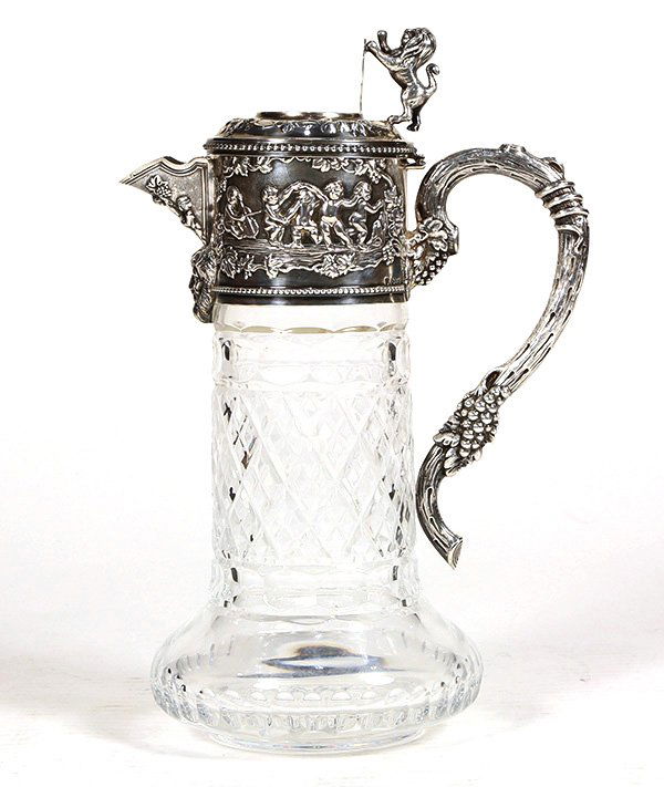 Continental sterling silver and cut crystal claret jug, (1 of 2)
