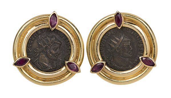Pair of Ancient coin, ruby and 18k yellow gold earrings (1 of 3)