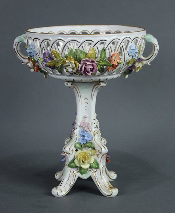 Dresden floral encrusted porcelain basket, having a (1 of 6)