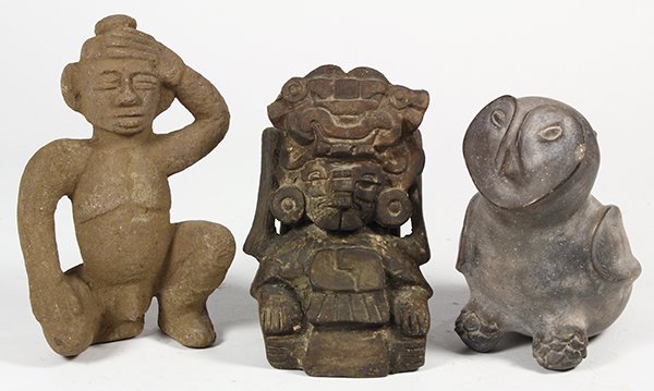 (lot of 4) Group of Pre-Columbian style modern: (lot of 4) Group of Pre-Columbian style modern reproductions, consisting of a Costa Rican-style stone seated figure, depicting a kneeling nude man with one hand to head in a salute, 8.5"h; a reproduct