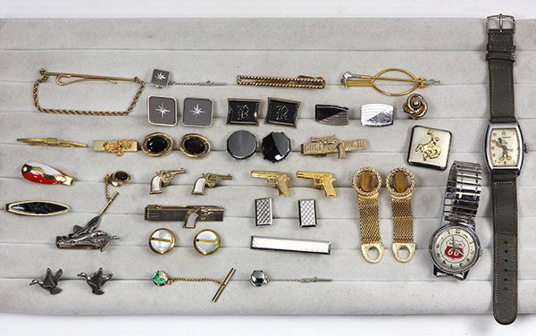 Collection of watches and fashion jewelry: Collection of watches and fashion jewelry comprised of an early Mickey Mouse ingersol metal wristwatch (not working); one gentleman's Philipps 66, 17 jewels stainless steel wristwatch; together with e