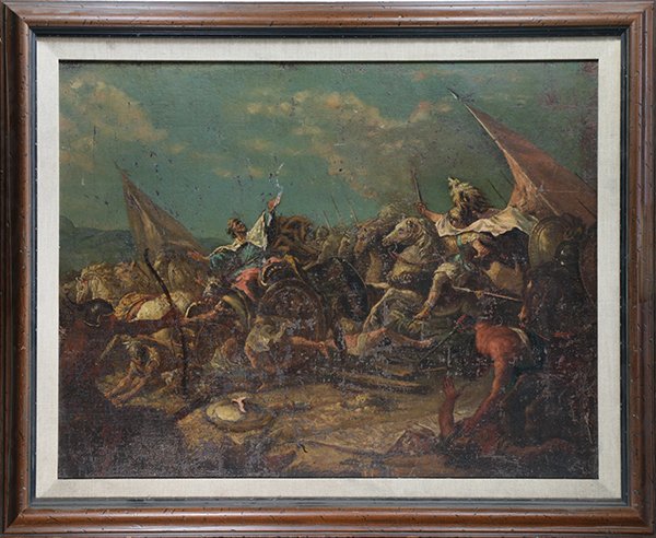 Battle Scene, painting: Continental School (19th century), Battle Scene, oil on board, unsigned, overall (with frame): 32.25"h x 39.25"w