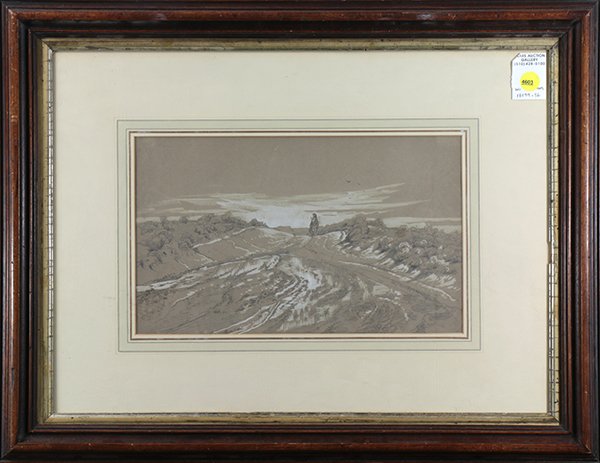 Work on paper by Peter Moran: Peter Moran (American, 1841-1914), "Indian Woman by Spring," gouache and graphite on paper, title label affixed verso, overall (with frame): 17.75"h x 22.75"w