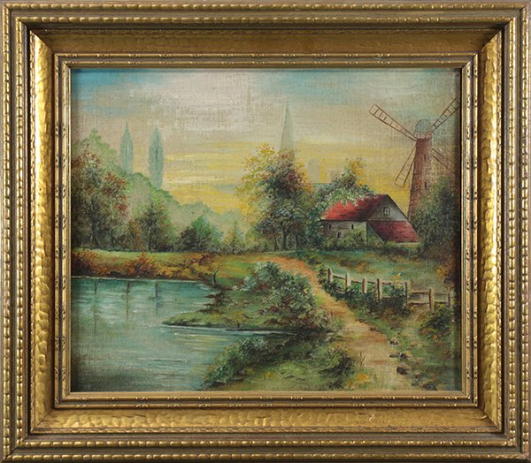 Painting, Kansas City, Kansas, 1925: American School (20th century), "Kansas City, Kansas," 1925, oil on board, titled and dated verso with name Ruth Campbell, overall (with frame): 13.5"h x 15.5"w