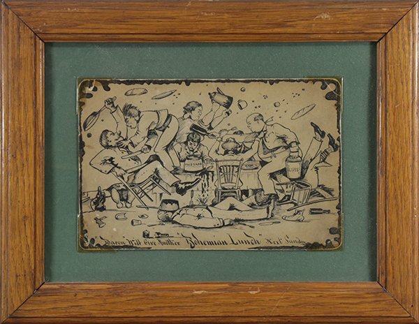 Drawing, Baron Will Give Another 'Bohemian Lunch' Next: British School (20th century), "Baron Will Give Another 'Bohemian Lunch' Next Sunday," ink on paper, overall (with frame): 11"h x 14.5"w