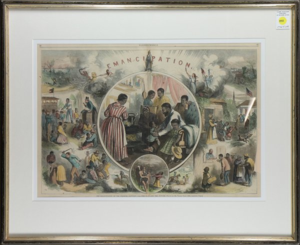 Print, After Thomas Nast, Emancipation: After Thomas Nast (American, 1840-1902), Emancipation, hand-colored engraving, published by Harpers' Weekly, January 1863, overall (with frame): 23.5"h x 28.25"w