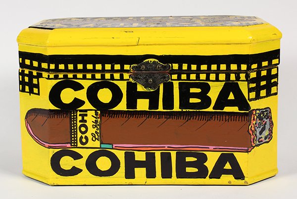 Steve Kaufman, Cohiba: Steve Kaufman (American, 1960-2010), "Cohiba," hand-painted box, signed verso, overall: 8"h x 14"w x 9.5"d