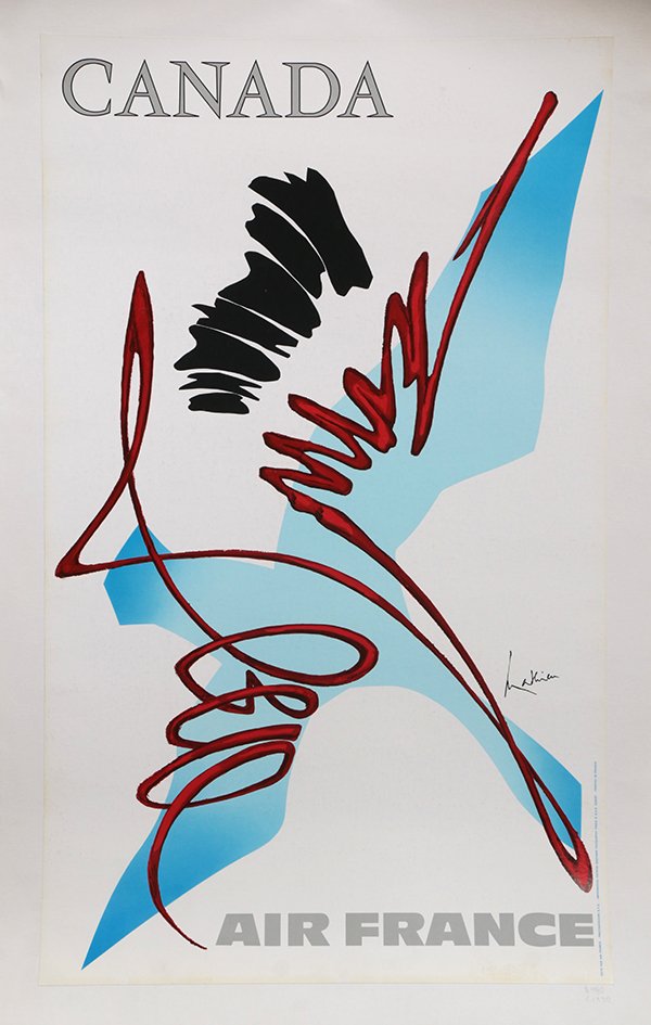 Vintage Poster, Georges Mathieu, Air France Canada: Georges Mathieu (French, 1921-2012), Canada, Air France, circa 1970, vintage offset lithograph on linen, plate signed lower right/center, printed in France by Imprimeries Pietrini Bastard Fouqueray, o