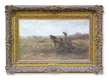 Oil, Willem G.F. Jansen, Dutch 19th-20th: Framed oil on canvas, Unloading the Cart, Holland, by Willem George Frederik Jansen (Dutch 1871-1949) signed lower right, sight: 13''h x 20''w. Condition: Cracking in paint layer. Provenance: gift fro
