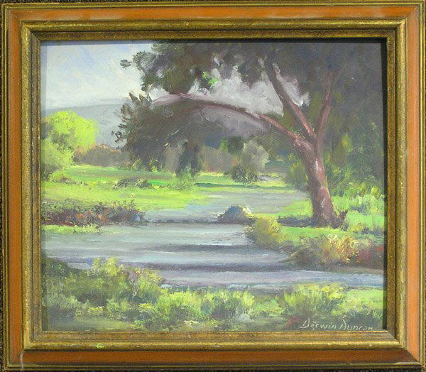 Oil, Darwin Duncan, Californian: Framed oil on Masonite, Tree by a Stream, by Darwin Duncan (Californian 1905-2002), signed lower right, sight: 12''H x 14''W