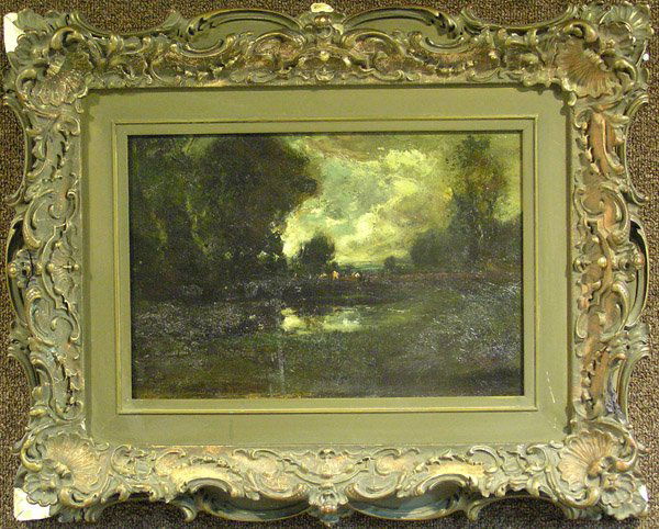 Oil, William Keith, Californian: Framed oil on board, Cows at Pasture, by William Keith (Californian 1838-1901), signed twice lower right, board: 10.5''H x 17.5''W, sight: 9.5''H x 14.5''W (liner covers some of the image). Condition:
