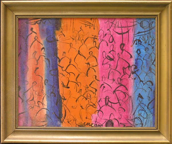 Oils, Pascual Cucaro, Clown: (lot of 3) Framed oil on canvas, The Crowd, by Pascal Cucaro, signed lower center, overall: 21''H x 24''W; Framed oil on board, Clown, by Pascal Cucaro, signed lower right, overall: 13''H x 11''W; Fra