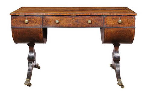 Regency ebony-inlaid mahogany dressing table after a: Regency ebony-inlaid mahogany dressing table after a design by Thomas Sheraton, circa 1805, the hinged rectangular top inset with stars revealing a fitted interior with a ratcheted dressing mirror, 30