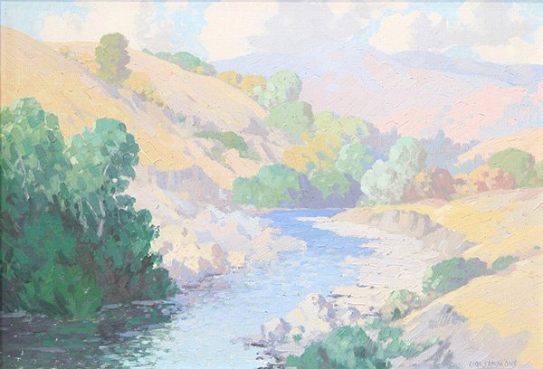 Painting, Carl Sammons: Carl Sammons (American, 1883-1968), "Davis Creek, Petrolia, Humboldt County," oil on canvas, signed lower right, sight: 13.5"h x 19.5"w, overall (with frame): 17.25"h x 23.5"w