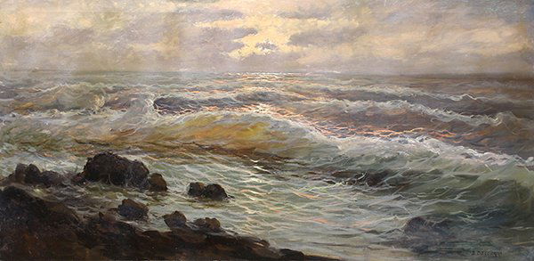 Alexander Dzigurski, painting: Alexander Dzigurski (American, 1911-1995), Waves at Sunset, oil on canvas, signed lower right, canvas: 24"h x 48"w, overall (with frame): 32"h x 56"w