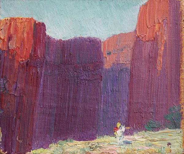 Bert Greer Phillips, painting: Bert Geer Phillips (American, 1868-1956), "Canon de Chelly (Arizona)," 1913, oil on panel (partial cigar box), initialed "P" lower right, panel: 2.25"h x 2.75"w. Provenance: Estate of Jesse L. Nusbaum