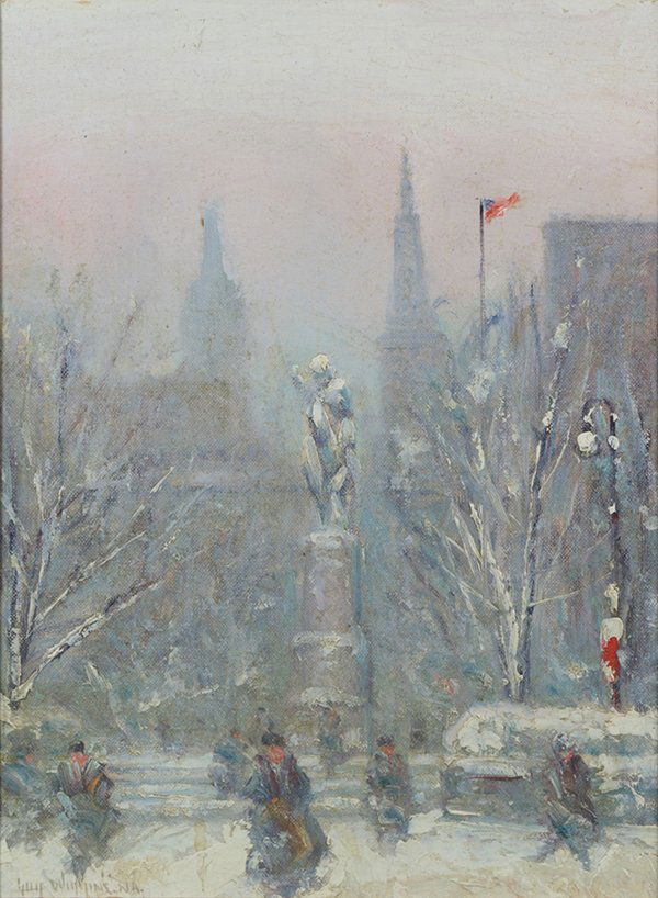 Painting, Guy Carleton Wiggins: Guy Carleton Wiggins (American, 1883-1962), New York Winter Scene, oil on panel, signed lower left, panel: 12"h x 9.25"w, overall (with frame): 16.75"h x 14"w