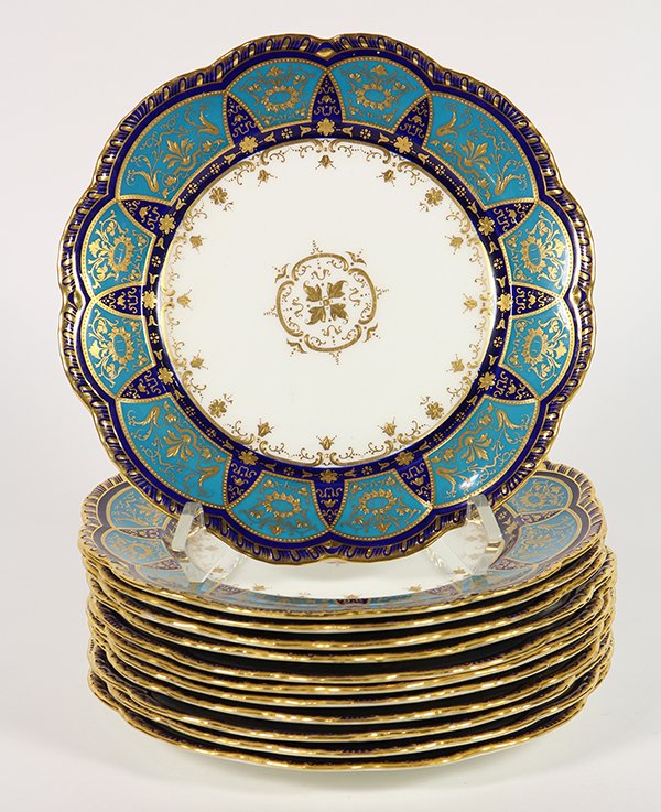 (lot of 12) English Cauldon polychrome decorated (1 of 3)