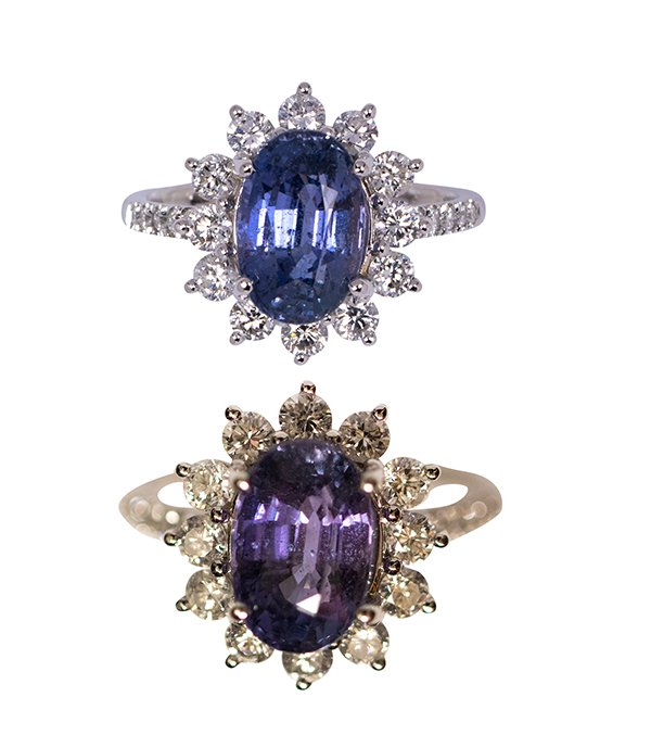 Color change sapphire, diamond and 14k white gold ring (1 of 5)