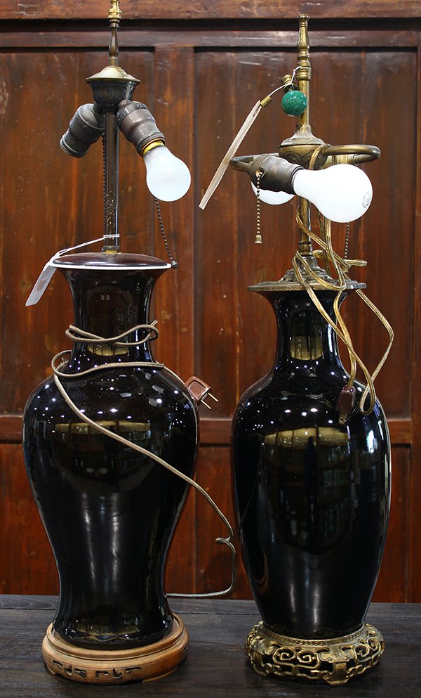 Two Chinese Black Mirror Glaze Vases/Lamps (1 of 7)