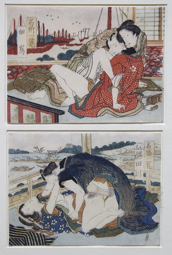 Japanese Woodblock Prints, Shunga: Japanese woodblock prints, shunga (erotic print/painting from the Edo period), 'Tsukudashima' and 'Sumidagawa' from the 'Famous Places' series, artist unknown, two prints matted in one frame, sight: 3