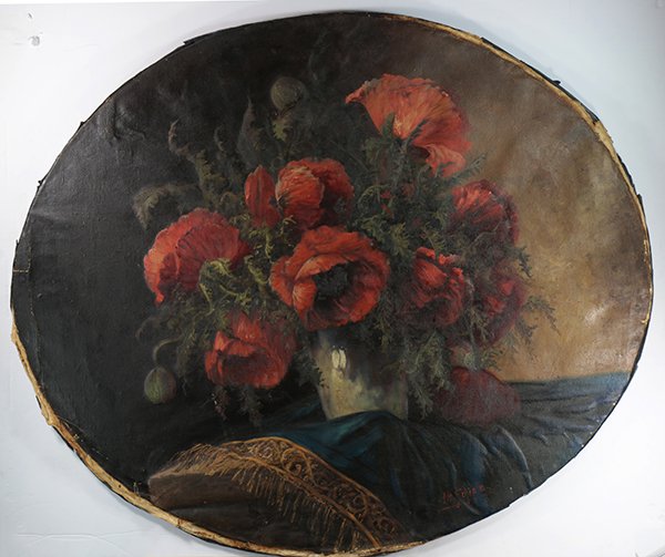 Still Life of Red Flowers, painting: Still Life of Orange Flowers, oil on canvas (laid down on oval board), signed "H. Schiele" lower right, 20th century, overall (unframed): 34"h x 40"w