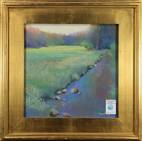 Stream by a Grassy Field, pastel: Stream by a Grassy Field, pastel, signed "Hart" lower left, 20th century, overalll (with frame): 17.5"h x 17.5"w