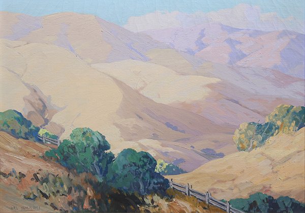 Painting, Carl Sammons: Carl Sammons (American, 1883-1968), "Petrolia, Humboldt County, California," oil on canvas, signed lower left, title label affixed verso, sight: 14"h x 20"w, overall (with frame): 17.5"h x 23.5"w