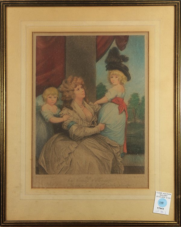 Bartolozzi and De Launay, Prints: (lot of 2) Francesco Bartolozzi (Italian, 1727-1815), ''Jane Countess of Harrington,'' after a painting by Sir Joshua Reynolds (British, 1723-1792), stipple engraving with hand coloring, unsigned, and