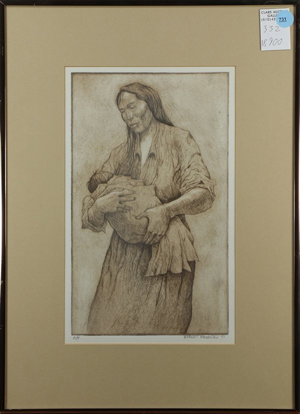 Print, Robert Freeman: Robert Freeman (American, b. 1939), Native American Holding Child, 1977, etching, pencil signed and dated lower right, edition AP, overall (framed): 18.25"h x 13"w