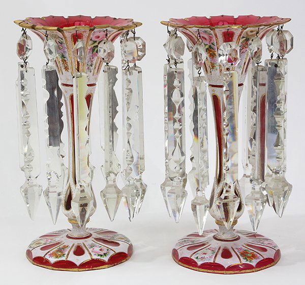 Pair of Victorian Bohemian cranberry glass lustres (1 of 3)