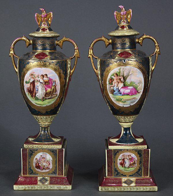 (lot of 2) Royal Vienna style lidded urns in the (1 of 6)