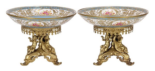 Pair of Sevres style porcelain and gilt bronze tazzas (1 of 7)